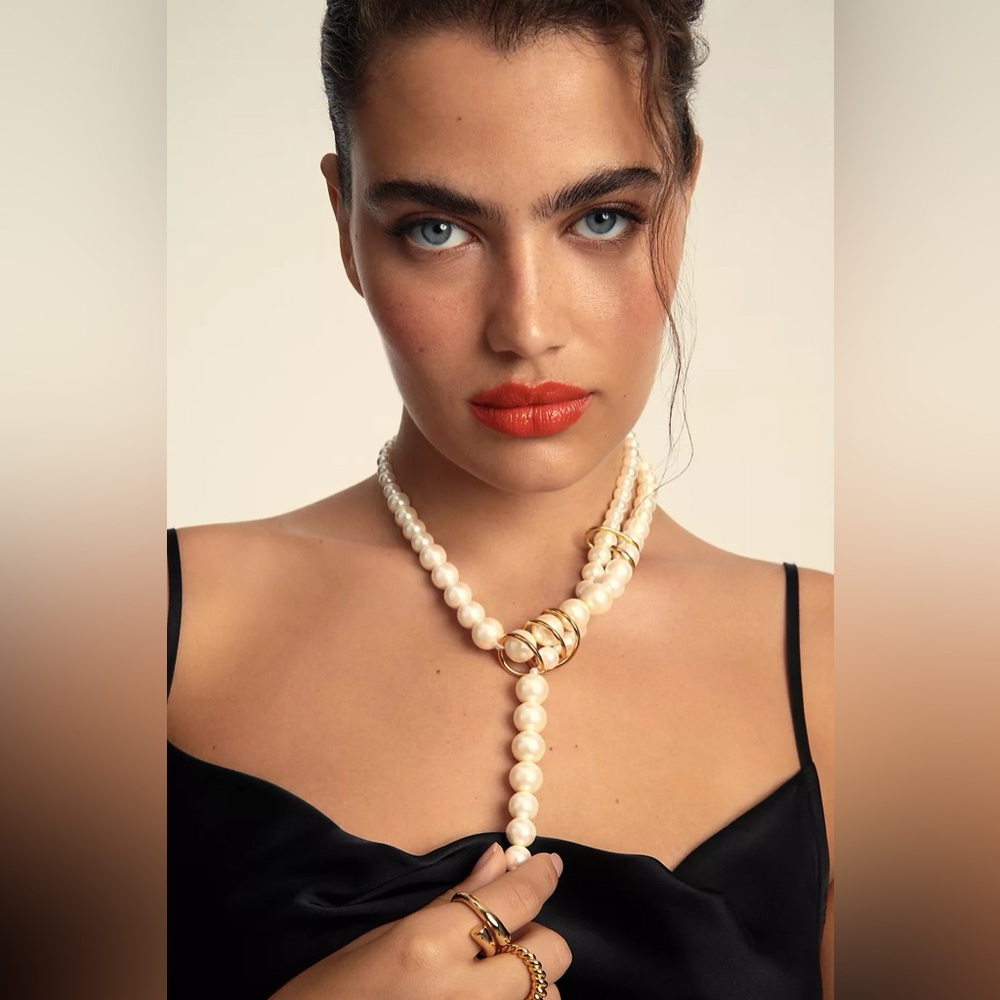 NWT Anthropologie Elongated Pearl Necklace, Gold and Pearl Layered Wrap Necklace